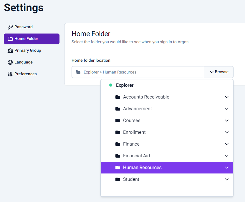 Select a new folder to set as home.